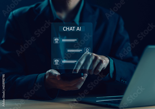 bot artificial intelligence open for customers, AI chat digital technology, business communication, and development of smart robot conversation. concept command prompt chatbot generates information
