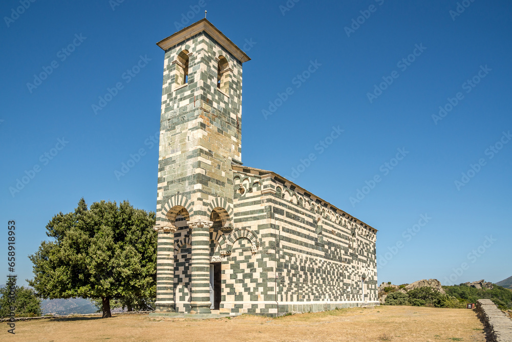 View at the Church of Saint Michael near Murato village in Corsica, France