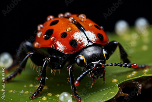 Photograph of a close-up ladybug on a leaf, revealing the hidden beauty of the ladybug's intricate body - Generative AI © ImagiVista