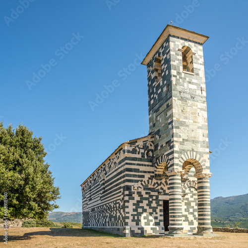 View at the Church of Saint Michael near Murato village in Corsica - France