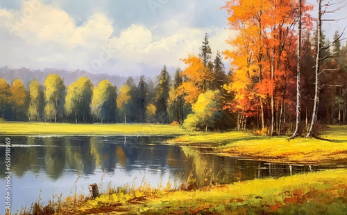 Acrylic painting landscape - lake in autumn forest.