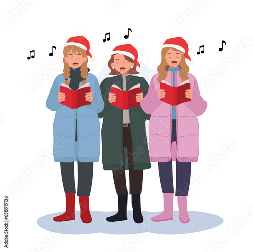 Happy Group Singing Christmas Song in Winter Costumes. people in Festive Winter Attire Singing Christmas Carols