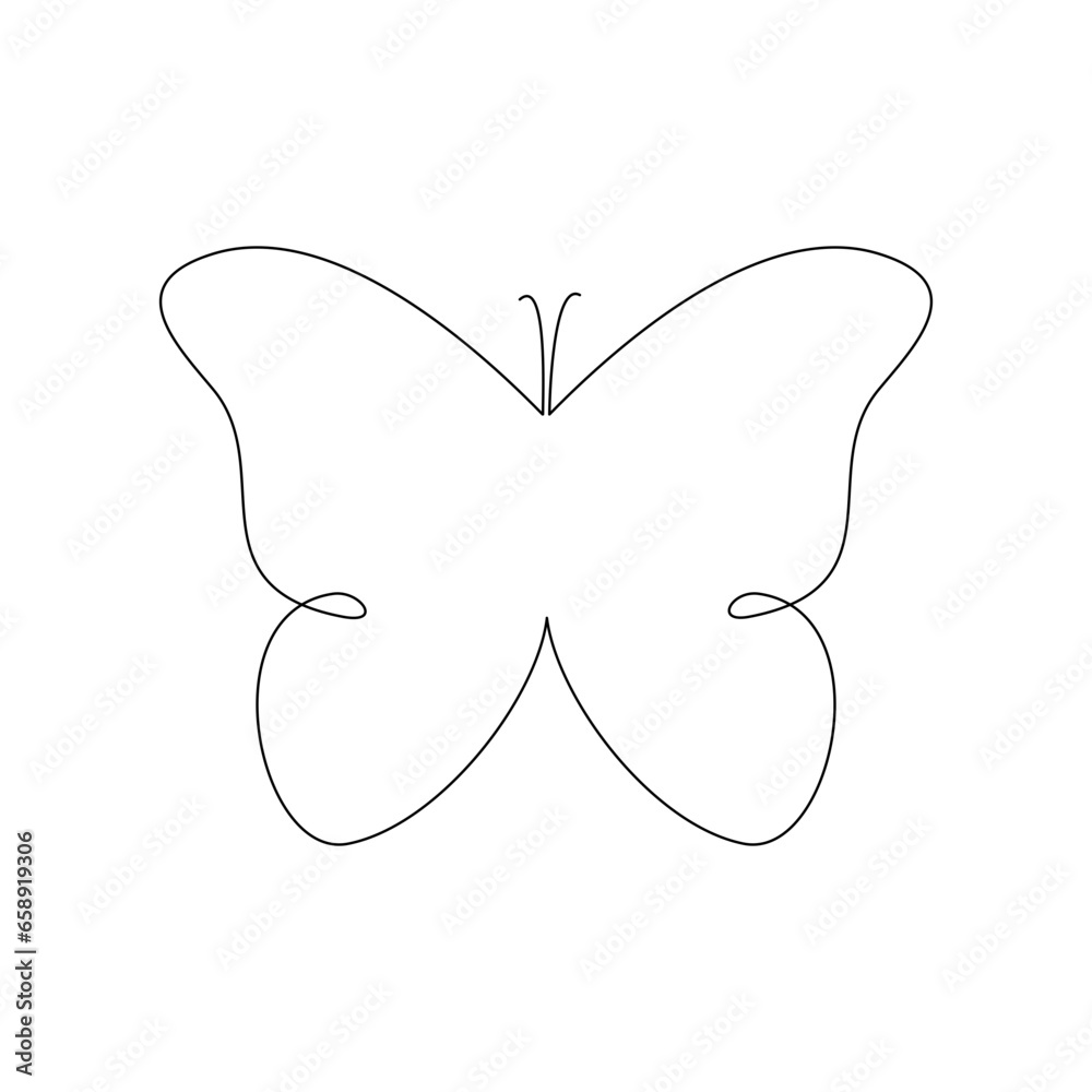Continuous line drawing of Butterfly on white background.