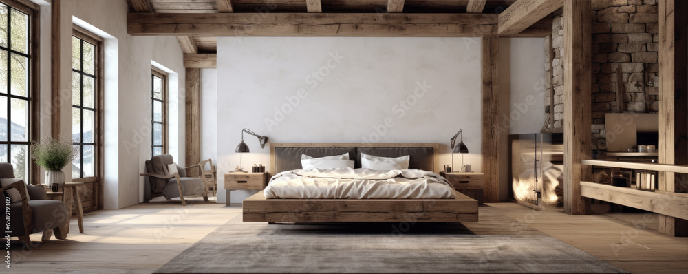 Bedroom interior design with wooden beams in ceiling and hardwood floor. - obrazy, fototapety, plakaty 