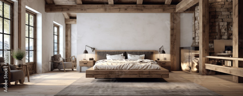 Bedroom interior design with wooden beams in ceiling and hardwood floor. photo