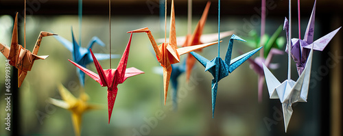 Color Paper origami Cranes. panorama photo. photo