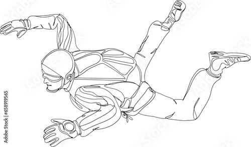 Warrior Jumping with Parachute: Thin Line Illustration, Vector Illustration of Athlete Skydiving in Line ArtSoldier Jumping with Parachute: Outline Vector Art