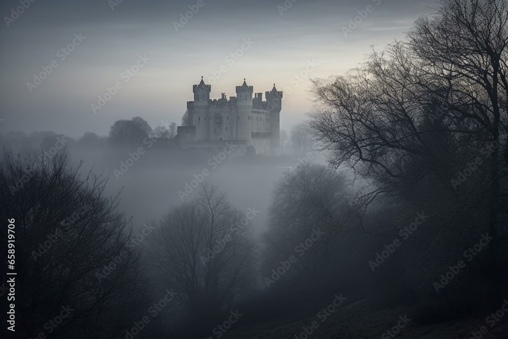Naklejka premium Fairy Tale Dreams Castle in the Mystical Twilight Mist