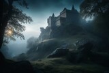 Enchanted Castle in the Heart of a Foggy Twilight