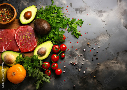 food background with healthy products - avocado, meat, seasonings and vegetables on a gray concrete background top view - free space for text