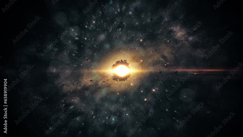 Galaxy animation. Cinematic concept art of asteroid belt. Realistic nebula in space with a massive star and nuclear lightning in the center of the universe. Cosmos with interstellar clouds of dust.