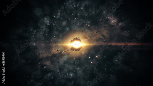 Galaxy animation. Cinematic concept art of asteroid belt. Realistic nebula in space with a massive star and nuclear lightning in the center of the universe. Cosmos with interstellar clouds of dust. photo