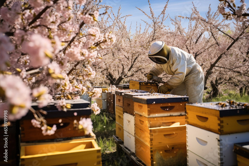 Man beekeeper with bee hives in spring blooming trees .