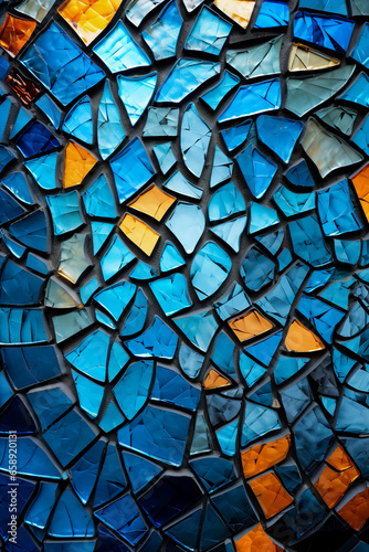 mosaic wall decorative ornament from ceramic broken tile. crumbling abstract ceramic mosaic decoration was destroyed building