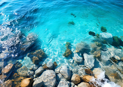 Beautiful background with sea surface - transparent azure sea water, top view
