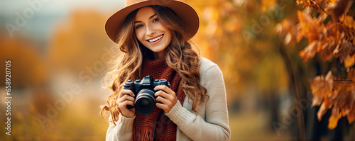 Beautiful woman photographer against autumn background. copy space for text. photo
