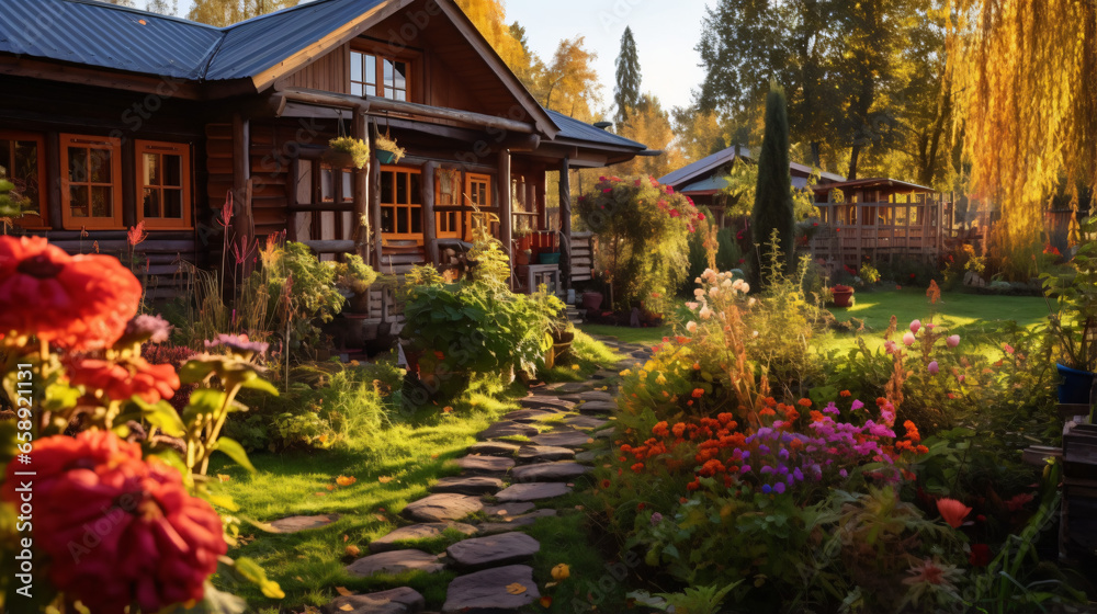 Old wooden country house in autumn garden.