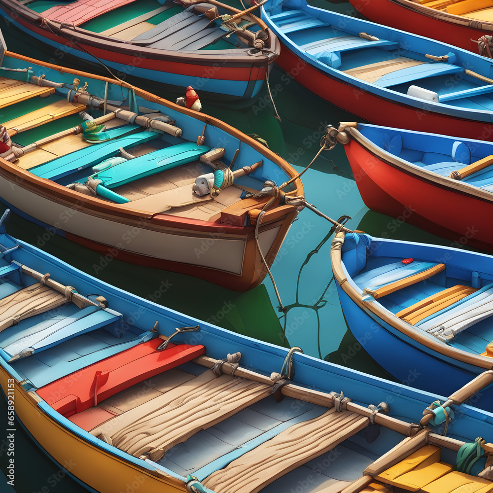 Brightly painted boats on a lake
