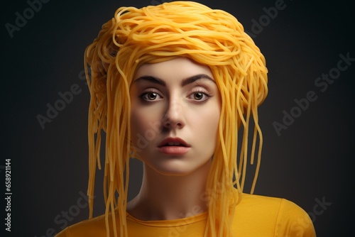 Woman with spaghetti hair, AI generated