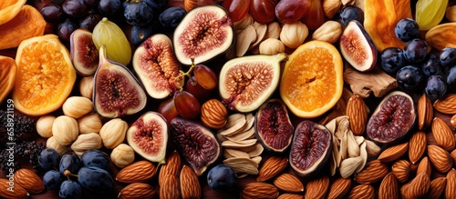 Assorted dried figs nuts and fruits close up view horizontal format With copyspace for text © 2rogan
