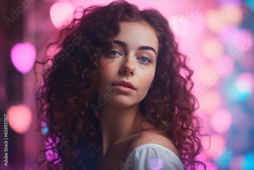 Woman on pink shining background, Valentine's day concept, AI generated