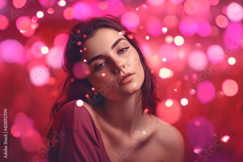Woman on pink shining background, Valentine's day concept, AI generated © Mystery