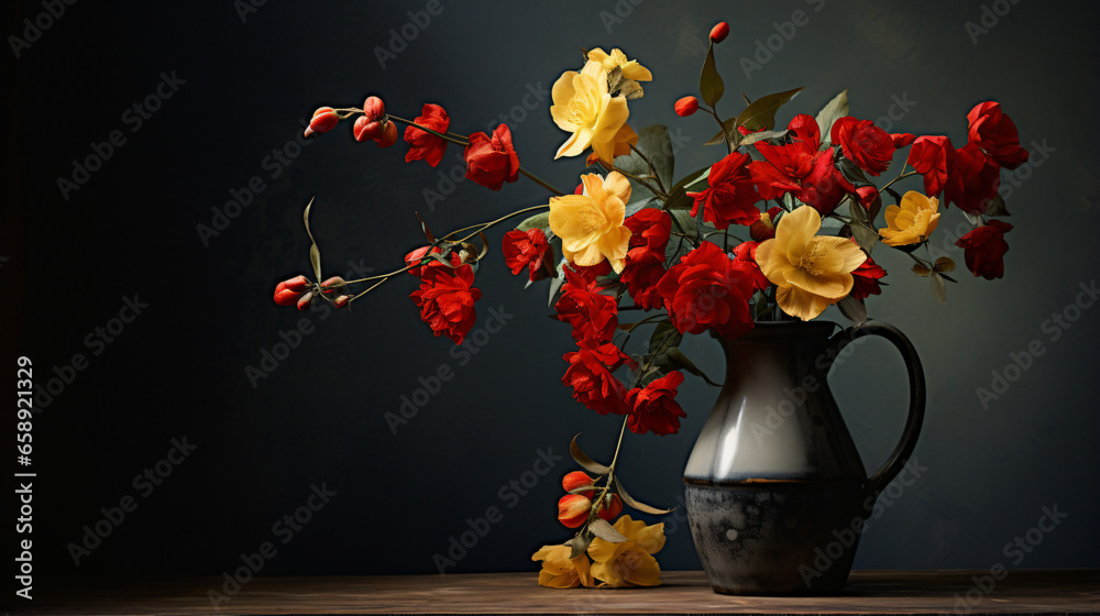 Red and yellow flowers on jug in sunlight on background. - obrazy, fototapety, plakaty 