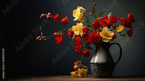 Red and yellow flowers on jug in sunlight on background. photo