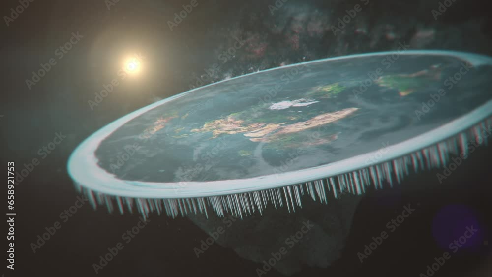 Flat Earth in cosmos. Close-up of flat Earth slowly spins in space. A Flat Earth model with Antarctica as an ice wall surrounding a disc-shaped planet. Modern flat Earth animation in universe.