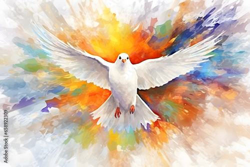 Modern colorful watercolor painting of a white dove, textured white paper background, vibrant paint splashes. Created with generative AI