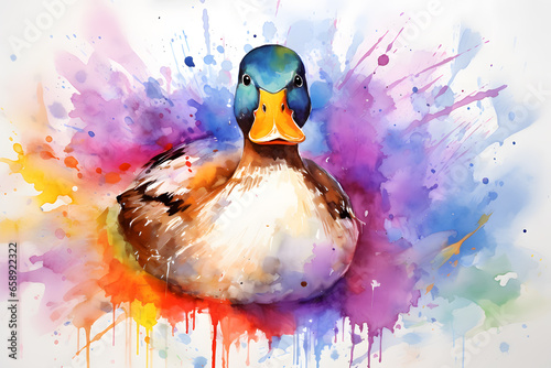 Modern colorful watercolor painting of a duck, textured white paper background, vibrant paint splashes. Created with generative AI