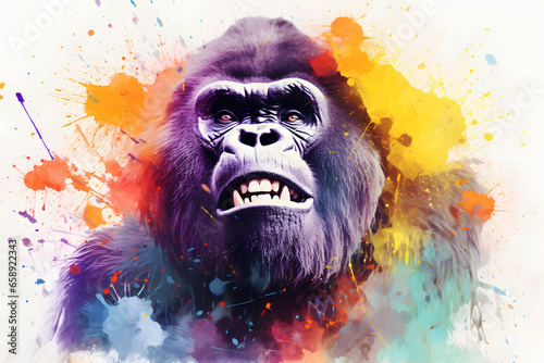 Modern colorful watercolor painting of a gorilla, textured white paper background, vibrant paint splashes. Created with generative AI
