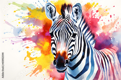 Modern colorful watercolor painting of a zebra  textured white paper background  vibrant paint splashes. Created with generative AI