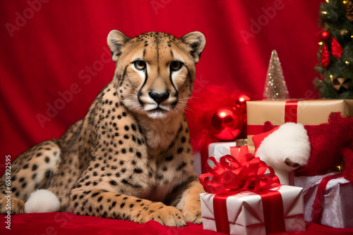 A cheetah in a Christmas setup. Studio portrait, winter festive season template.