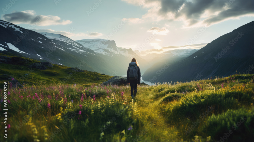 Adventurous Backpacker Hiking In Scandinavian Mountains Vibrant Wildflowers Grace A Lush Green Meadow At Dusk. Сoncept Backpacking, Hiking, Scandinavian Mountains, Wildflowers - obrazy, fototapety, plakaty 