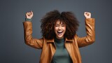 Afro Woman Celebrates Triumphantly, Hands Raised High . Сoncept Afro Hair Care Revolution, Black Representation In Media, Self-Love And Empowerment, Overcoming Adversity