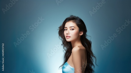 Asian Girl With Glowing Skin Touches Face On Blue Background . Сoncept Skincare Routines, Asian Beauty Secrets, Achieving Glowing Skin, Importance Of Facial Touch