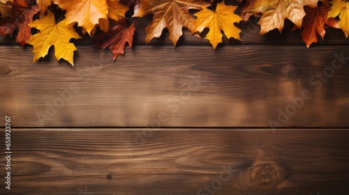 Autumnthemed Wooden Table With Leaves As A Backdrop. Сoncept Autumn Decor, Wooden Table, Leaf Backdrop, Fall Vibes