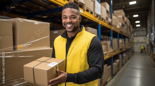 Employee holding a box and smiling in a warehouse wearing Bright solid light yellow cloth © Enrique