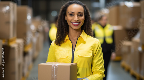 Employee holding a box and smiling in a warehouse wearing Bright solid light yellow cloth