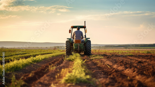 Farmer Diligently Sows Crops Using A Tractor Across Vast Fields. Сoncept Agriculture, Farming, Crop Cultivation, Tractor Technology