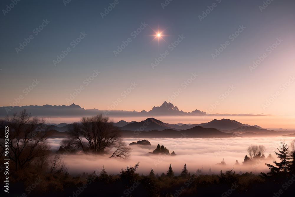 Beautiful foggy landscape of distant mountains with vegetation such as trees and bushes at sunset