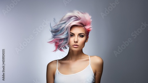 Haircut At A Beauty Salon By A Skilled Hairdresser Colorful Makeup, Hair, And Accessories On A Beauty Girl . Сoncept Haircut, Beauty Salon, Skilled Hairdresser, Colorful Makeup