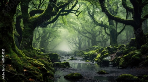 Mystical Forest Landscape Enveloped In Fog And Mist. Сoncept Exploring Hidden Caves, Whimsical Creatures Of The Forest, Ethereal Waterfalls, Lost Trails And Enchanting Sunsets © Ян Заболотний