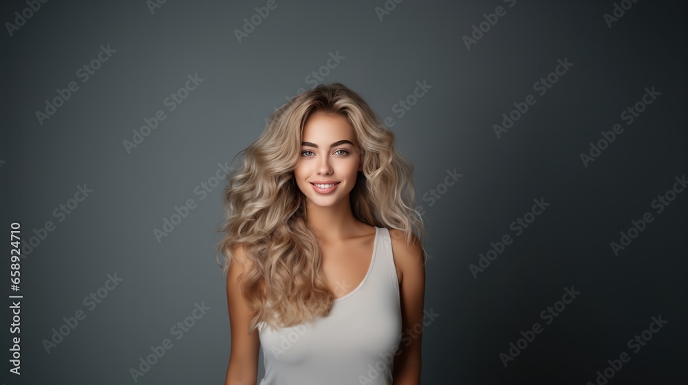 Smiling Blonde Woman With Curly Hair On A Gray Background . Сoncept 1. Portrait Photography 2. Women's Hairstyles 3. Studio Photography 4. Gray Background Photography