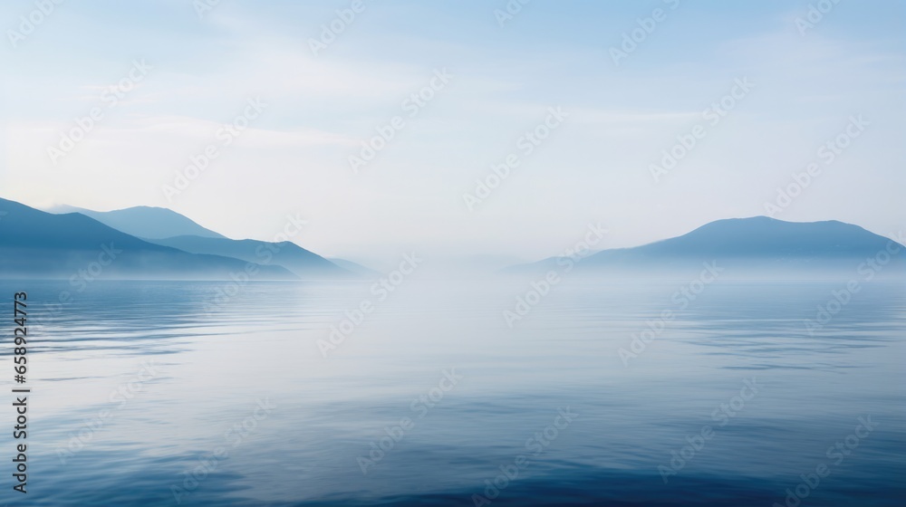 Tranquil Sea With Morning Fog Creating Ripples. Сoncept 1. Tranquil Sea 2. Morning Fog 3. Ripples 4. Calmness In Nature