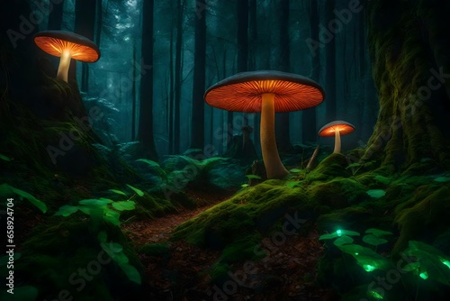 Forest of magic with luminous mushrooms and elusive animals.