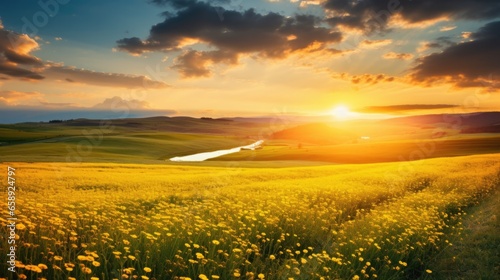 Tranquil Sunset Over A Meadow Of Yellow Flowers And Grass