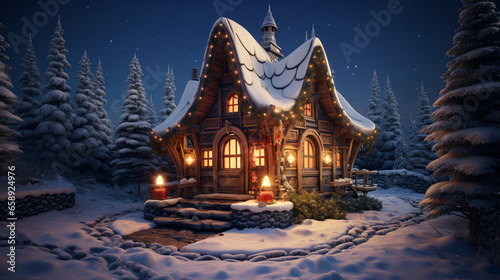Cute Christmas cottage illustration for desktop backgrounds etc