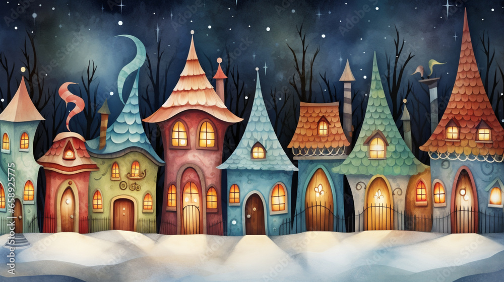 Fototapeta premium Cute illustration of Christmas village for desktop backgrounds, banners, invitations etc